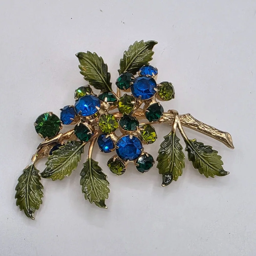 Hobe Enamel‎ Crystal Leaf Brooch Blue Green Gem Rhinestone Statement Pin Vintage